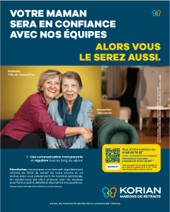 Cette image illustre la campagne KORIAN mettant en avant la confiance des résidants dans les maisons de retraites KORIAN.