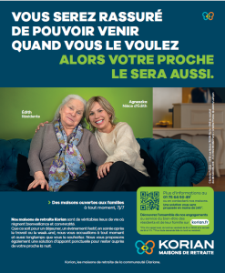 Cette image illustre la campagne KORIAN mettant en avant la possibilité de venir aisément rendre visite aux résidents de KORIAN.