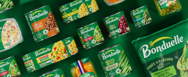 Cette image reprend la nouvelle identité graphique et les nouveaux packagings de Bonduelle (conserve, surgelé, traiteur). Cet article détaille les changements. Bonduelle est un client PITCHVILLE.