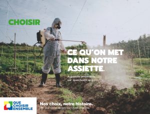 Cette image constitue l'un des visuel de la campagne QUE CHOISIR ENSEMBLE réalisée par l'agence JOGA. Sur celle-ci on voit un robinet avec écrit "choisir ce qu'on met dans notre assiette" et fait directement référence aux actions menées par l'association. Comme mentionné dans l'article, cette campagne a pour objectif de rappeler les action menées par QUE CHOISIR ENSEMBLE et d'annoncer le changement de nom (autrefois appelé UFC QUE CHOISIR).
