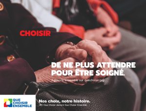 Cette image constitue l'un des visuel de la campagne QUE CHOISIR ENSEMBLE réalisée par l'agence JOGA. Sur celle-ci on voit un robinet avec écrit "choisir de ne plus attendre pour être soigné" et fait directement référence aux actions menées par l'association. Comme mentionné dans l'article, cette campagne a pour objectif de rappeler les action menées par QUE CHOISIR ENSEMBLE et d'annoncer le changement de nom (autrefois appelé UFC QUE CHOISIR).