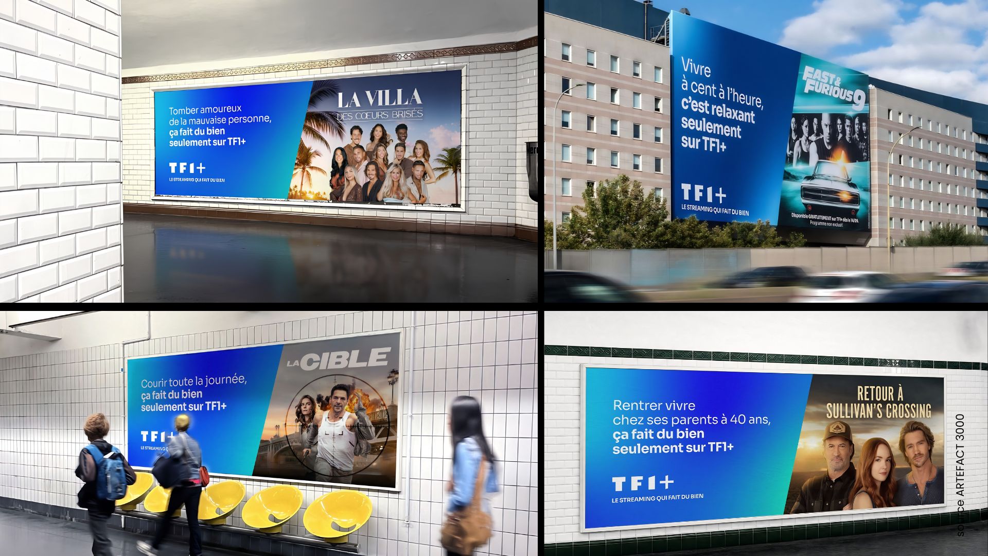Ce fichier image reprends 4 photos de la campagne ARTEFACT 3000 pour notre client TF1+, la plateforme de streaming. On y voit une photo des programmes et films disponibles sur la plateforme avec une phrase courte et impactante faisant référence à la signature "Le streaming qui fait du bien"