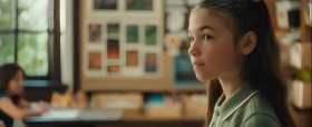 Sur cette image on voit une jeune fille dans une salle de classe. Elle est tirée d'une campagne publicitaire mentionnée dans ce benchmark dans campagnes publicitaires internationales de la rentrée 2026