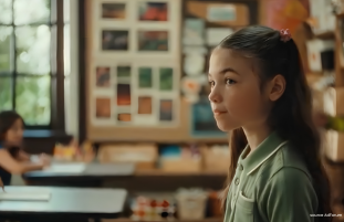 Sur cette image on voit une jeune fille dans une salle de classe. Elle est tirée d'une campagne publicitaire mentionnée dans ce benchmark dans campagnes publicitaires internationales de la rentrée 2026